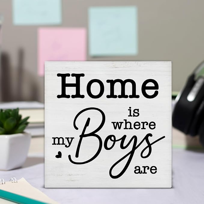 New Mom Gifts Rustic Family Decor Home Is Where My Boys Are Wooden Sign Family Decorations for Home Living Room Bedroom Desk Shelf Table 5 x 5 Inches