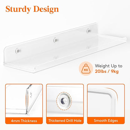 Lifewit Floating Shelves 8 Pack, 15" Acrylic Room Decor Shelves for Book/Figures/Photo/Makeup, Clear Display Shelf for Bathroom, Living Room, Bedroom, Kitchen Storage and Organization 38 x 9 cm/15x4