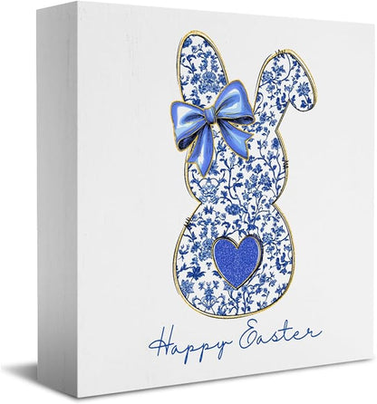 Blue Happy Easter Sign Easter Table Decor Bow Bunny Decor Blue And White Chinoiserie Decor Wooden Box Sign for Home Office Bedroom Living Room Desk Shelves