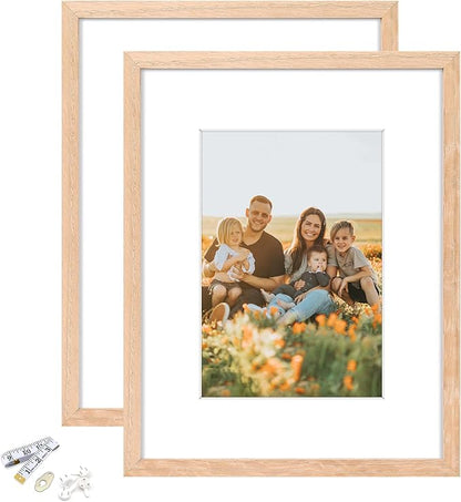 8x10 Picture Frame, OAK Wood Photo Frame 5x7 with Mat or 8x10 without Mat with Perspex Glass for Vertical or Horizontal Tabletop Wall Display for Photos, Paintings, Posters, Artwork, Set of 2