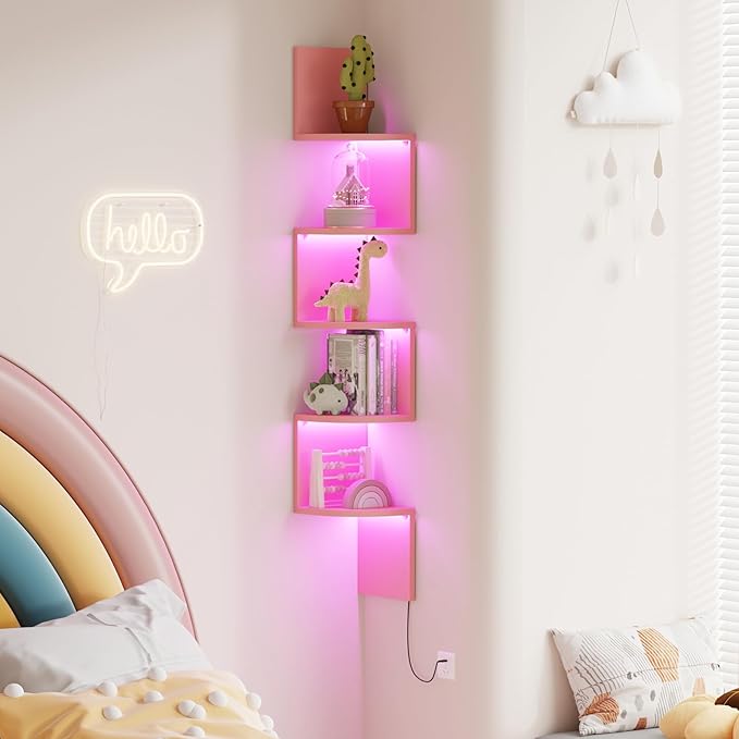 Corner Shelf Wall Mount with LED Light, 5 Tier Floating Corner Bookshelf, Plant Shelf for Bedroom, Floating Shelves for Wall, Display Stand for Living Room, Bathroom, Home Office, Pink