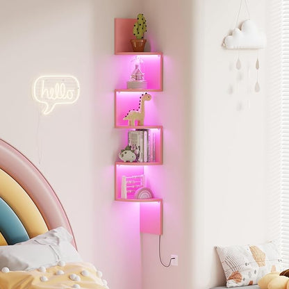 Corner Shelf Wall Mount with LED Light, 5 Tier Floating Corner Bookshelf, Plant Shelf for Bedroom, Floating Shelves for Wall, Display Stand for Living Room, Bathroom, Home Office, Pink