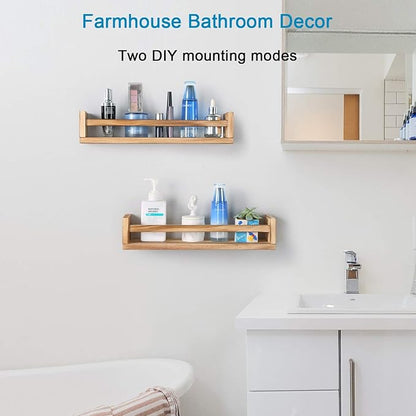 Nursery Book Shelves, Set of 2 Wood Floating Book Shelves for Kids Room, Kitchen Spice Rack, or Rustic Wall Mounted Shelves for Farmhouse Bathroom Décor (carbonized)