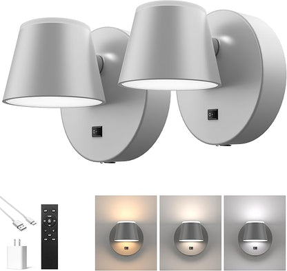 URSOLA Battery Operated Wall Lights Set of Two, LED Rechargeable Battery Wall Sconce with 9000mAh 3CCT and Dimmable Magnetic 360° Rotation Cordless Light for Bedroom（Grey）