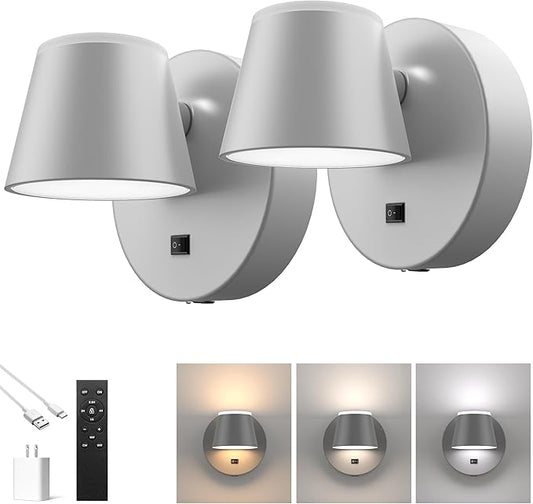 URSOLA Battery Operated Wall Lights Set of Two, LED Rechargeable Battery Wall Sconce with 9000mAh 3CCT and Dimmable Magnetic 360° Rotation Cordless Light for Bedroom（Grey）