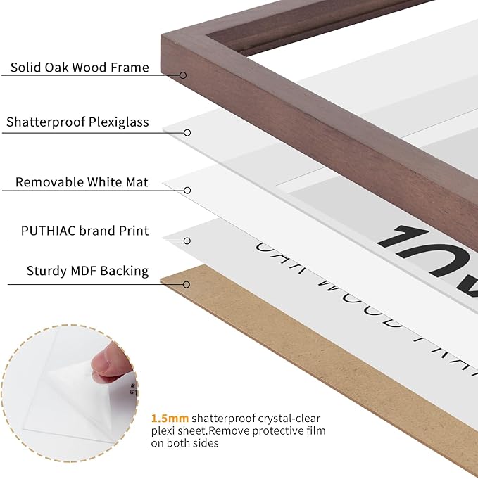 puthiac 10x10 Solid Oak Wood Picture Frame, Fits 6x6 with Mat or 10x10 Without Mat, Wall Display Only, Plexi Front, 1 Pack, Walnut