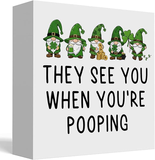 St Patricks Day Decor Funny Bathroom Shamrock Decor Green Gnome Would Poop Here Again Wood Sign Funny Home Tabletop Shelf Desk Decor 5 X 5 Inches