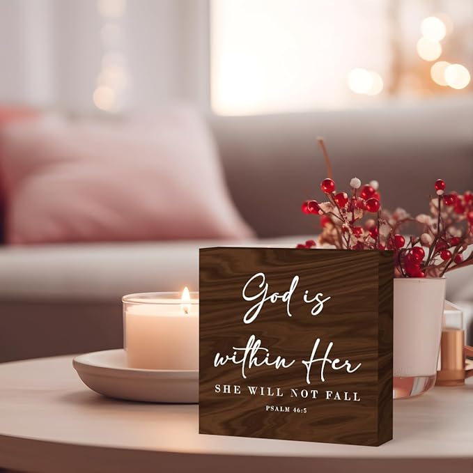 God Is Within Her Bible Verse Artwork Wooden Box Sign Rustic Farmhouse Style Psalm 46:5 Christian Wood Block Plaque 5x5 Inches Home Office Desk Decor for Gifts