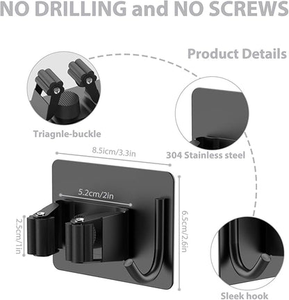 Mop Broom Holder No Drill, Mop Broom Organizer Wall Mounted Heavy Duty with Hooks Hanger, Self Adhesive Stainless Steel 6Pcs for Bathroom, Kitchen, Office (Black)