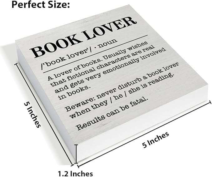 Book Lover Decor Rustic Book Lover Definition Wooden Sign Decorations Home Book Room Library Desk Table Shelf 5×5 Inches, Book Lover Gifts for Women Men Girls Boys