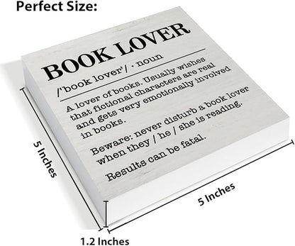 Book Lover Decor Rustic Book Lover Definition Wooden Sign Decorations Home Book Room Library Desk Table Shelf 5×5 Inches, Book Lover Gifts for Women Men Girls Boys