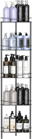 5 Tier Floor Standing Corner Shower Caddy Organizer Shelf with Hooks, Bathroom Shelves Stand Rack, Matt Black