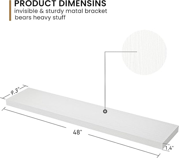 Fun Memories Floating Shelves - 9.3 Inch Deep Wall Shelf for Decor & Storage - Wall Mounted Display Shelving with Invisible Heavy-Duty Metal Bracket - 48" W x 9" D x 1.6" H - Set of 1 - Rustic White