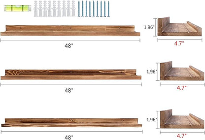 AZSKY Picture Ledge Shelf Floating Shelves for Photo Frames Kids Book Shelves Wall Mounted Burnt Display Shelf Wooden Frame Ledge 48 Inches Set of 3 Bathroom Organizer Shelves
