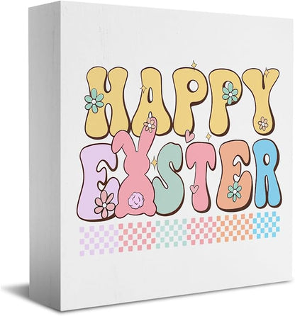 Happy Easter Sign Peeps Decorations Easter Table Decor Spring Decor Wooden Box Sign for Home Office Bedroom Living Room Desk Shelves