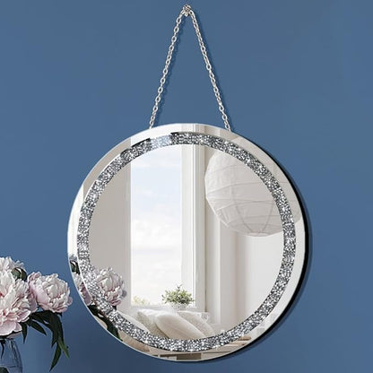 Crush Diamond 12 inch Wall-Mounted Mirrors with Iron Chain Home Decoration Round Silver Crystal Sparkling Decorative Mirror