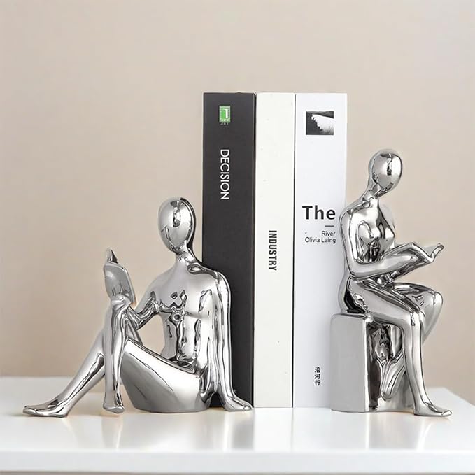Home Decorative Reading Book Statue Bookends Elegant Ceramic Bookshelf Room Office Desk Decor,Paper Weights, Book Ends,Bookend Supports, Book Stoppers, Set of 2 (Silver)