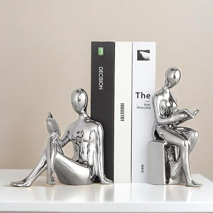 Home Decorative Reading Book Statue Bookends Elegant Ceramic Bookshelf Room Office Desk Decor,Paper Weights, Book Ends,Bookend Supports, Book Stoppers, Set of 2 (Silver)