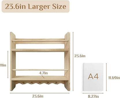 Large Nursery Bookshelf for Wall: 23.6inch 2-Tier Floating Book Shelves for Kids Toddlers Bedroom Solid Pine Wood Storage Organizer with Ledge Hooks Bar (Natural)