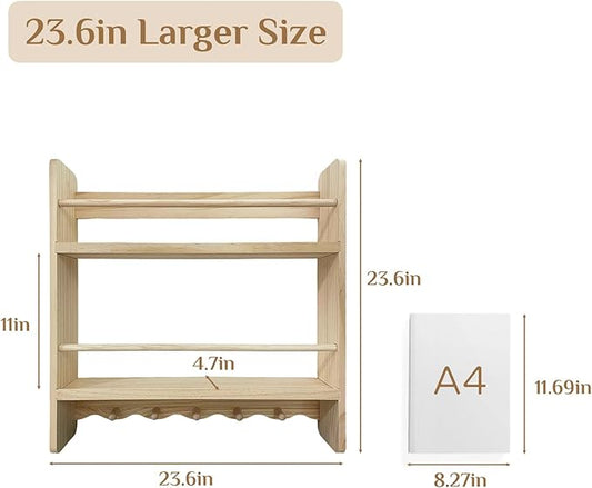 Large Nursery Bookshelf for Wall: 23.6inch 2-Tier Floating Book Shelves for Kids Toddlers Bedroom Solid Pine Wood Storage Organizer with Ledge Hooks Bar (Natural)