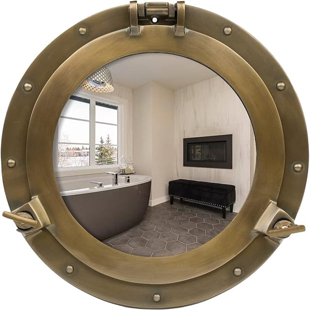 10 Inch Antique Brass Porthole Mirror – Boat Frame Port Hole Decor, Vintage Nautical Ship Mirror for Coastal Wall & Antique Decor