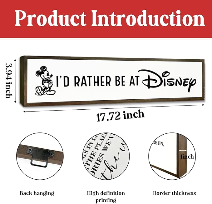 WKYAER Funny Wood Sign, Wooden Tabletop Decor Signs, Modern Farmhouse Wall Hanging Decor, Office Decoration for Women, Home Bedroom Decors, Disney Lover Gift, I'd Rather Be At Disney Sign
