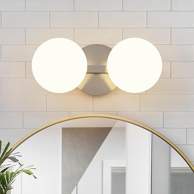 Globe Bathroom Vanity Light Fixtures: Nickel Wall Scones With 2 Milk Glass Shade - Modern Makeup Lighting Fixture over Mirror - Brass Ball Powder Room Vanities Lights for Hallway Bedroom Bulb Excluded