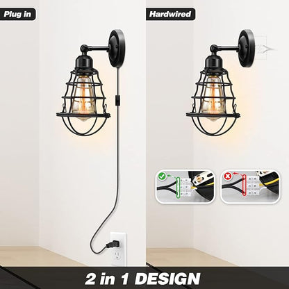 Plug in Wall Sconces 2pack, Industrial Wall Lamp with Plug in Cord, Farmhouse Wall Sconces, Wire Cage Wall Sconce, Vintage Wall Mounted Lamp, Plug in WallLighting Sconce, Black