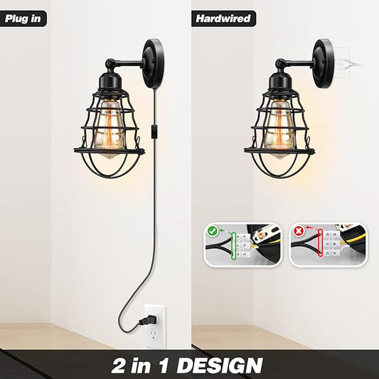 Plug in Wall Sconces 2pack, Industrial Wall Lamp with Plug in Cord, Farmhouse Wall Sconces, Wire Cage Wall Sconce, Vintage Wall Mounted Lamp, Plug in WallLighting Sconce, Black