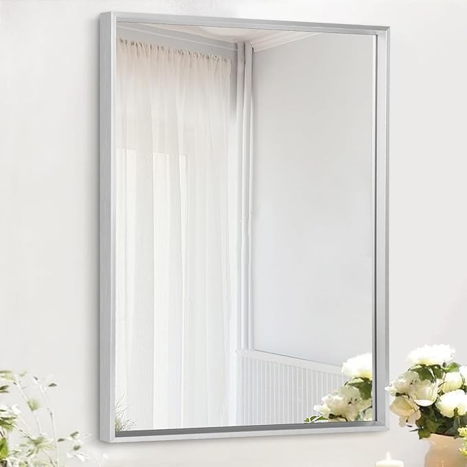 AAZZKANG Metal Frame Mirror Rectangle Wall Mounted Mirrors Decorative Modern for Bedroom Bathroom Living Room Vertical or Horizontal Silver 20