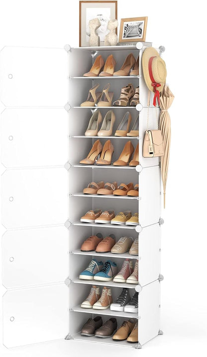 10 Tier Shoe Storage Cabinet with Door, Portable Narrow Organizer Rack for 20 Pairs, White Plastic with Hooks for Entryway or Bedroom