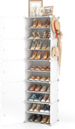 10 Tier Shoe Storage Cabinet with Door, Portable Narrow Organizer Rack for 20 Pairs, White Plastic with Hooks for Entryway or Bedroom