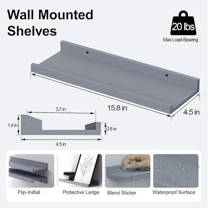Floating Shelves for Wall Decor, Wall Mounted Wood Storage Shelf for Bedroom, Living Room, Bathroom, Kitchen, Nursery, Display Picture Ledge Shelf with Lip Set of 2-16 Inches, Grey
