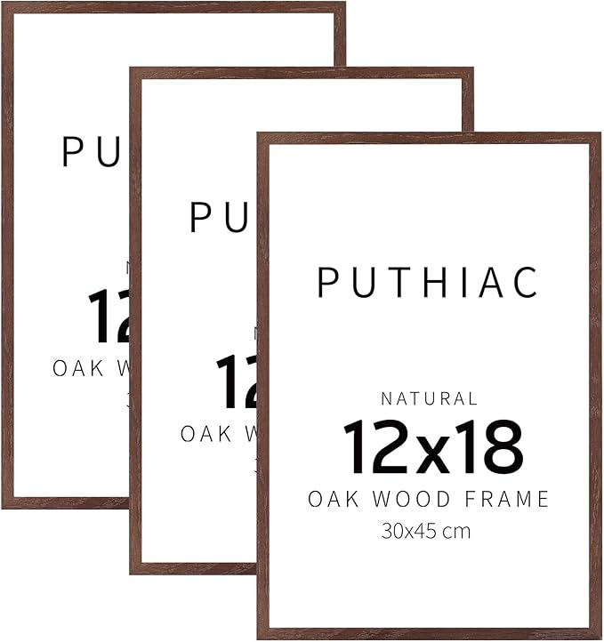 puthiac 12x18 Solid Oak Wood Picture Frame, Fits 8x12 with Mat or 12x18 Without Mat, Wall Display Only, Vertical or Horizontal, Plexi Front, 3 Pack, Walnut