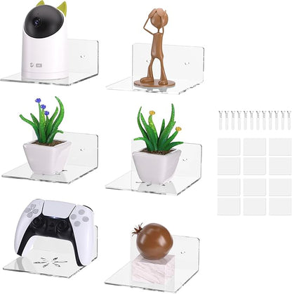 Acrylic Wall Shelves,Clear 6 inch Floating Shelves for Display,Echo,Cameras,Speaker,Plant,Router Wall Mounted Transparent Small Invisible Shelves with Adhesive Bedroom Bathroom Living Room Decoration