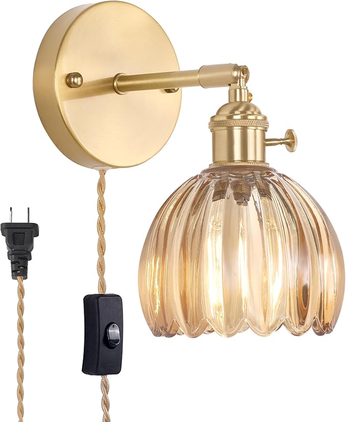 Plug in Wall Sconce, Amber Tulip Glass Lampshade Wall Light Plugin Corded for Bedside Bedroom Doorway