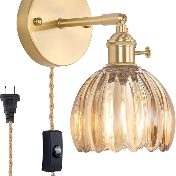 Plug in Wall Sconce, Amber Tulip Glass Lampshade Wall Light Plugin Corded for Bedside Bedroom Doorway