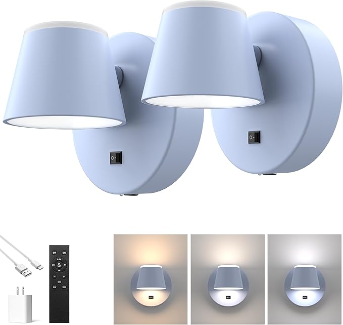 URSOLA Battery Operated Wall Lights Set of Two, LED Rechargeable Battery Wall Sconce with 9000mAh 3CCT and Dimmable Magnetic 360° Rotation Cordless Light for Bedroom（Blue）