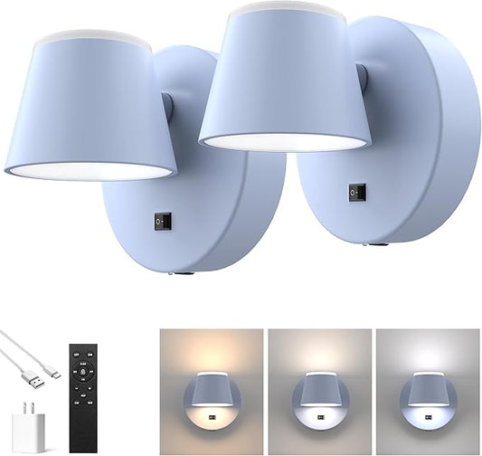URSOLA Battery Operated Wall Lights Set of Two, LED Rechargeable Battery Wall Sconce with 9000mAh 3CCT and Dimmable Magnetic 360° Rotation Cordless Light for Bedroom（Blue）