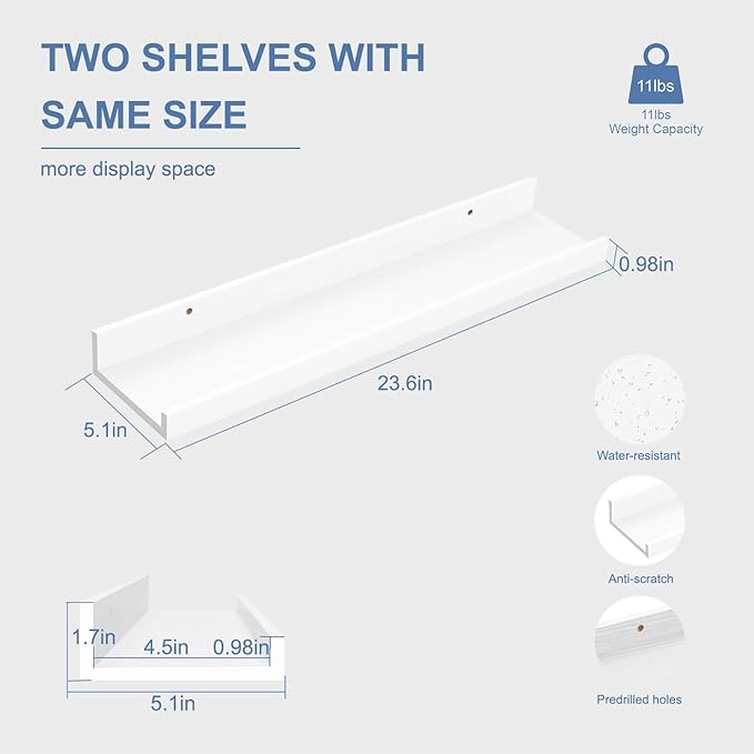 24inch Floating Picture Ledge Shelves 2-Pack, White Wall Mounted Shelves with Lip for Nursery, Kids Room, Living Room & Bedroom, Sturdy Floating Book Shelves for Photo Frames & Decor