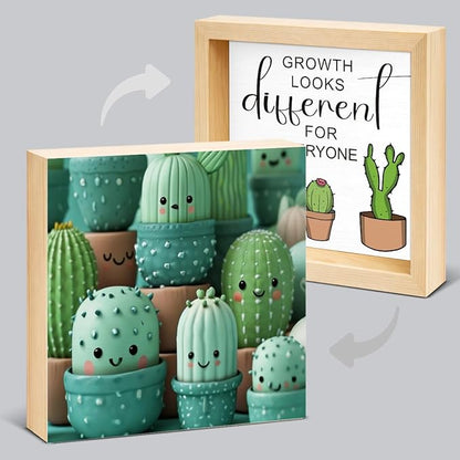 Inspirational Plant Decor Sign - Office Gift for Plant Lover Coworker - Double-sided Cactus Decor for Tiered Tray Table Desk Shelf Decoration