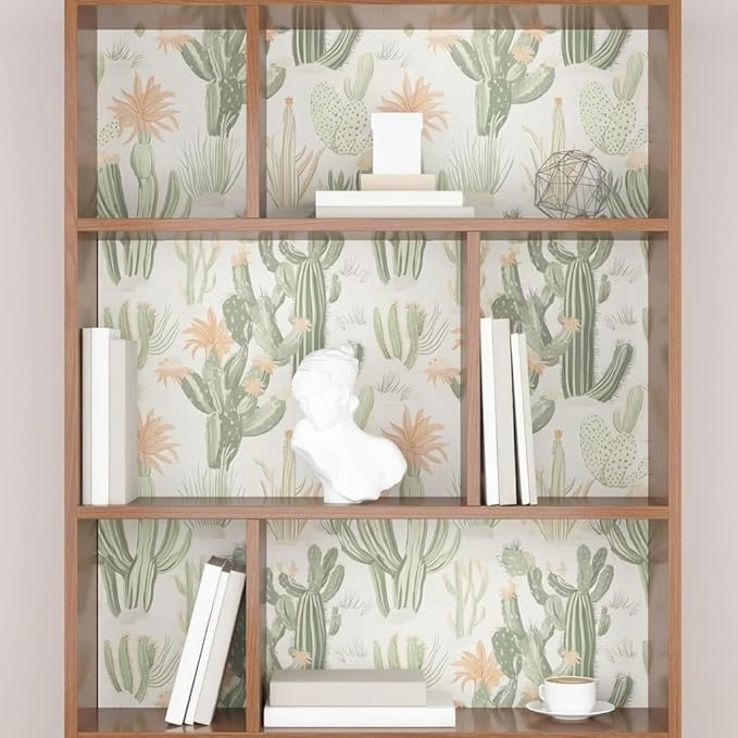 Cactus Wallpaper Peel and Stick, Beige Green Desert Succulent Botanical Contact Paper, 17.5" x 393.7" Floral Boho Wall Paper Self Adhesive Removable Waterproof for Bedroom Cabinet Drawer Table Decor