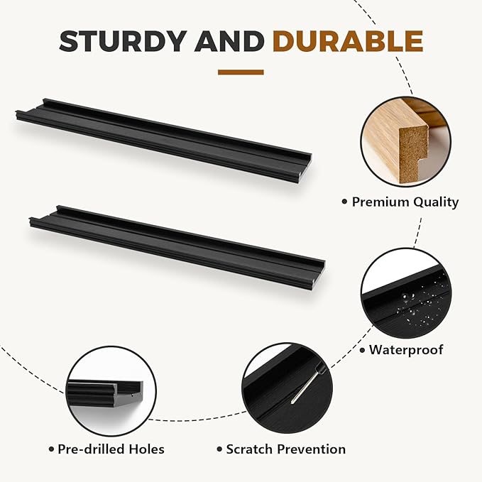 Muzilife 35.4 Inch Large Floating Shelves - Set of 2 Rustic Wood Floating Shelves - Wall Mounted Long Picture Ledge for Bathroom, Bedroom, Living Room, Black, U Shape