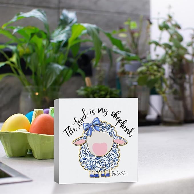 Easter Religious Decorations Christian Easter Decor The Lord Is My Shepherd Blue And White Decor Chinoiserie Wooden Box Sign for Home Office Bedroom Living Room Desk Shelves