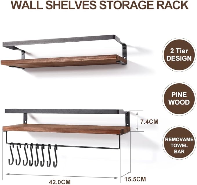 Uten Floating Shelves, Wall Shelf Outdoor, Bathroom Shelves for Wall, Towel Holder 8 Hooks, Kitchen Spice Rack, Storage Organiser Shelf for Bedroom, Bathroom, Living Room, Office