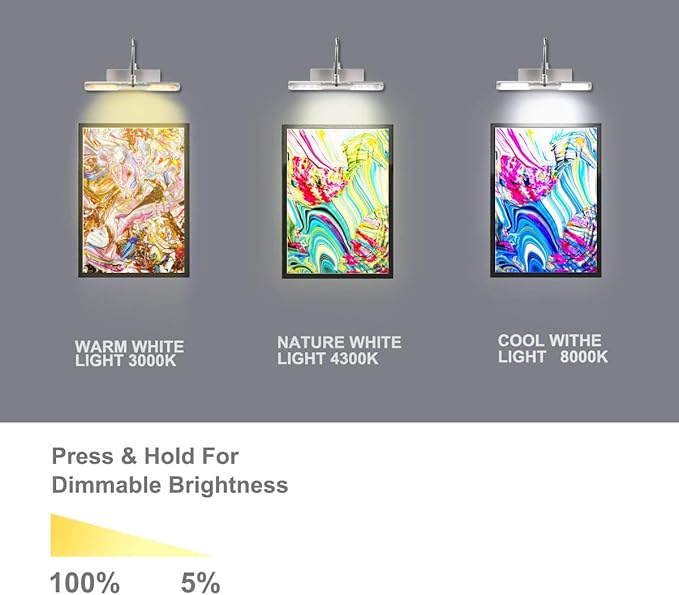 BIGLIGHT Battery Operated LED Picture Light with Timer and Dimmer, Rotatable Light Heads with 3 Lighting Modes, Remote Controlled Display Lamp for Painting Portrait Art, 8.8", Silver