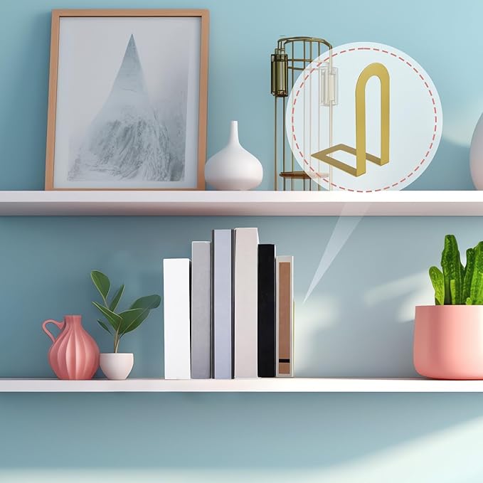 Chunful 2 Pcs Modern Metal Book Ends for Shelves Decorative Small Bookends Book Shelf Organizer Minimalist Design Stopper to Hold Books for Home Office (Gold,5.5 * 3.75 * 2.25inch)