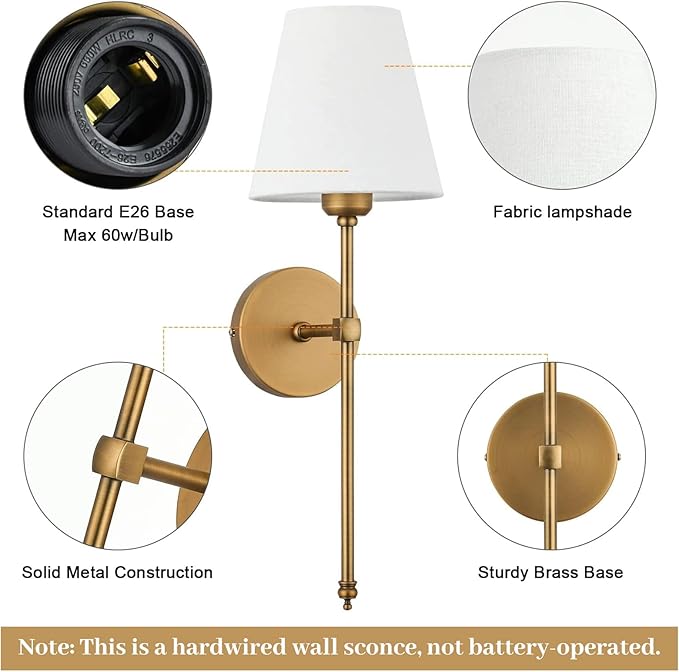 Bsmathom Wall Sconces Sets of 2, Hardwired Classic Brushed Brass Sconces Wall Lighting, Bathroom Vanity Light Fixture with Fabric Shade for Bedroom Living Room Hallway Kitchen, Gold