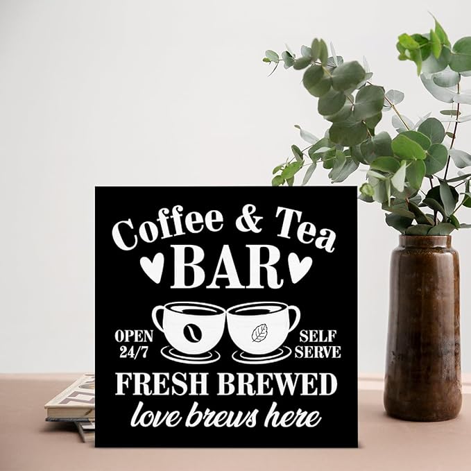 Coffee Bar Decor - Tea Station - Coffee and Tea Bar Wood Sign Home Kitchen Desk Shelf Table Tabletop Decor 5×5 Inches