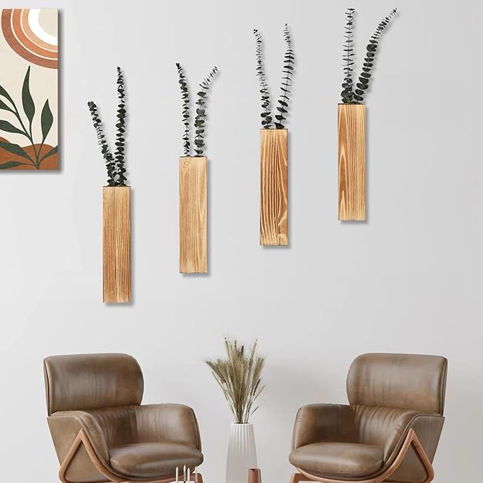 Wooden Wall Planter Set of 4 - Modern Home Decor for Living Room, Bedroom, Bathroom - Brown Finish Planter for Dried Flowers, Faux Greenery, Indoor Plants